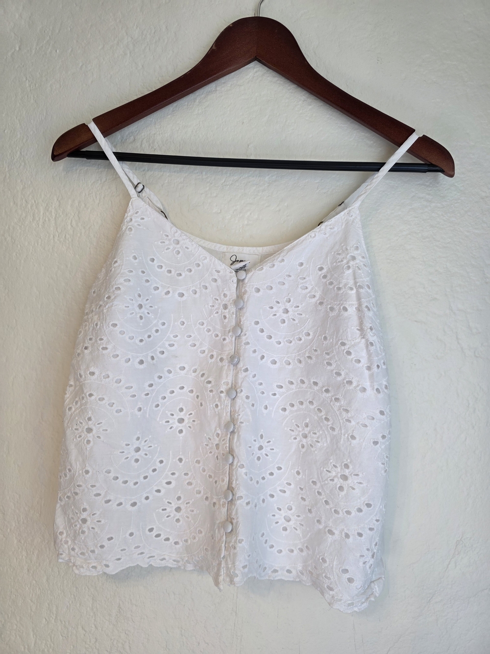 Japna White Cotton Eyelet Button-Front Cami Top